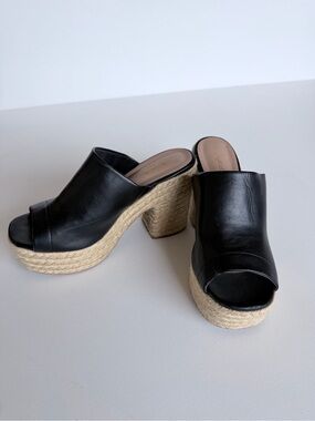 Qupid Black Espadrille Platform Block Heel Mule Sandals Approx Size 9